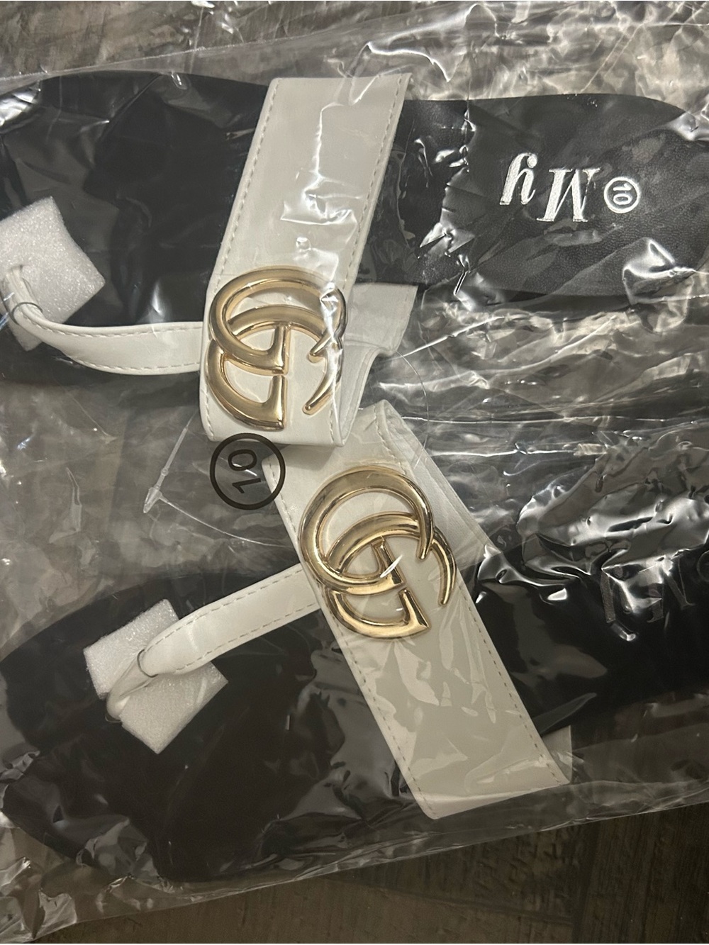 White Women's Slide Sandals with Gold Double Ring Accent
